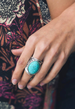 Floral Engraved Ring Round Turquoise Stone